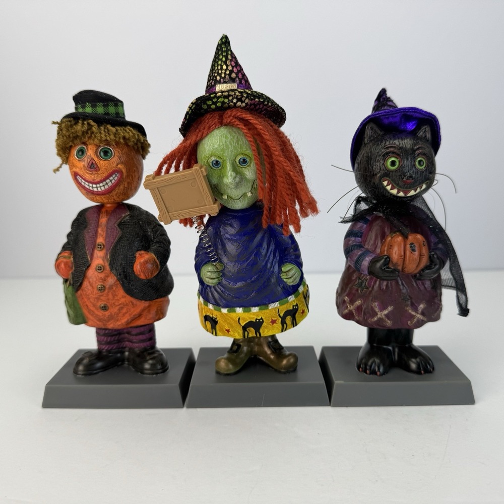 Russ Berrie‎ Happy Hauntings Halloween Bobbleheads Cat Witch & Pumpkin Scarecrow